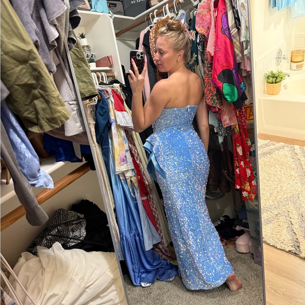 Elegant Strapless Blue Sequin Dress - Picture 7 of 14